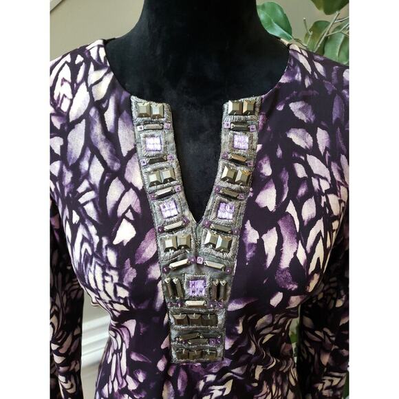 Women's Chico's Purple Leaf Print Long Sleeve Top with Rhinestone Detail Size S - Picture 2 of 8